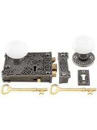 Cast Iron Century Rim Lock Set with White Porcelain Knobs