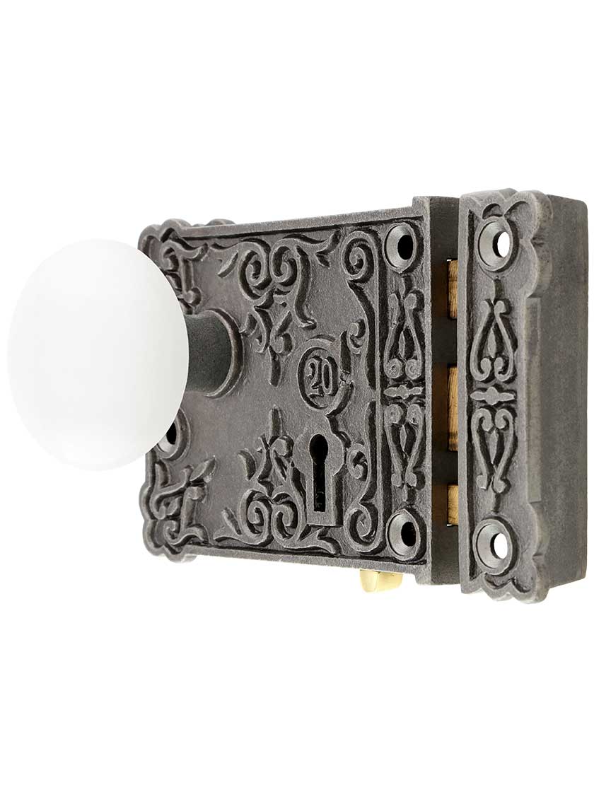 Alternate View of Cast Iron Century Rim Lock Set with White Porcelain Knobs in