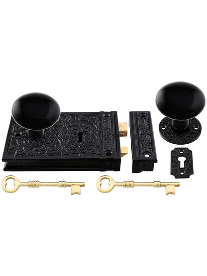 Cast Iron Scroll Rim Lock Set with Black Porcelain Door Knobs