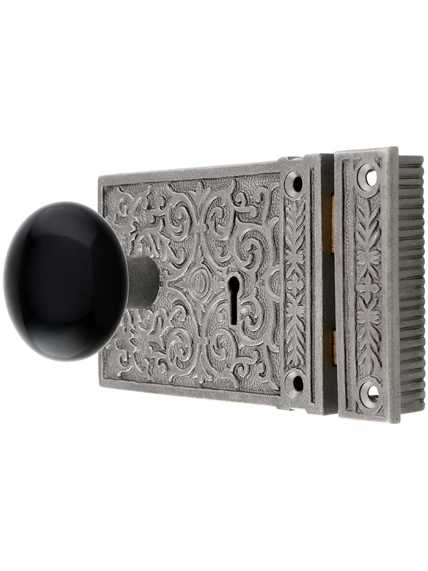 Alternate View of Cast Iron Scroll Rim Lock Set with Black Porcelain Door Knobs in