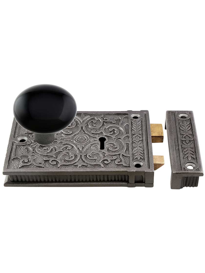 Alternate View 2 of Cast Iron Scroll Rim Lock Set with Black Porcelain Door Knobs in