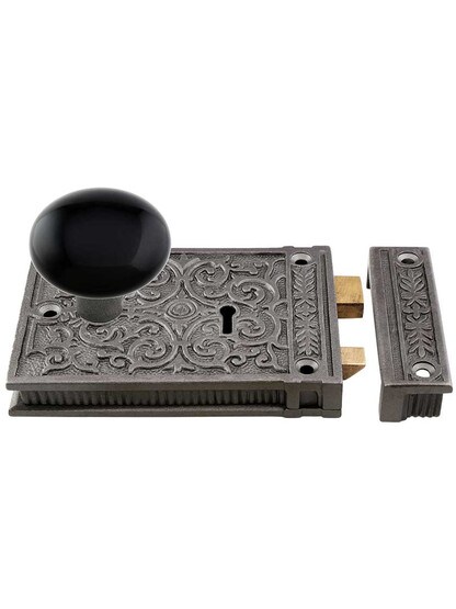 Alternate View 2 of Cast Iron Scroll Rim Lock Set with Black Porcelain Door Knobs in
