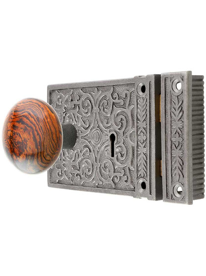 Alternate View of Cast Iron Scroll Rim Lock Set with Brown Swirl Porcelain Knobs in