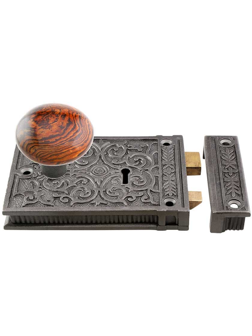 Alternate View 2 of Cast Iron Scroll Rim Lock Set with Brown Swirl Porcelain Knobs in