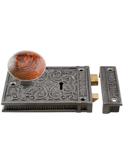 Alternate View 2 of Cast Iron Scroll Rim Lock Set with Brown Swirl Porcelain Knobs in