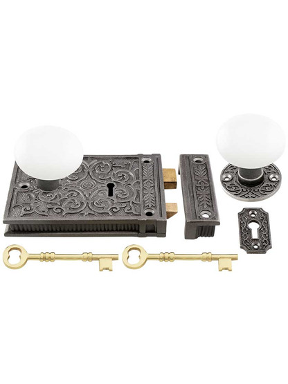 Cast Iron Scroll Rim Lock Set with White Porcelain Knobs in