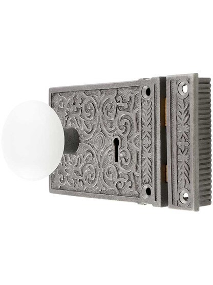 Alternate View of Cast Iron Scroll Rim Lock Set with White Porcelain Knobs in
