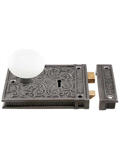 Alternate View 2 of Cast Iron Scroll Rim Lock Set with White Porcelain Knobs in