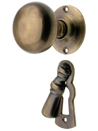 Solid Brass Federal Style Mortise Lock Set with Small Round Knobs In Antique-by-Hand.