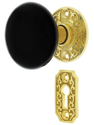 Scroll Rosette Mortise Lock Set with Black Porcelain Door Knobs