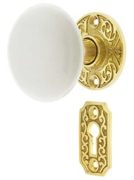 Scroll Rosette Mortise Lock Set with White Porcelain Door Knobs