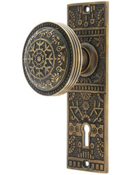 Solid Brass Windsor Pattern Mortise Lock Set with Matching Knobs in Antique-by-Hand.