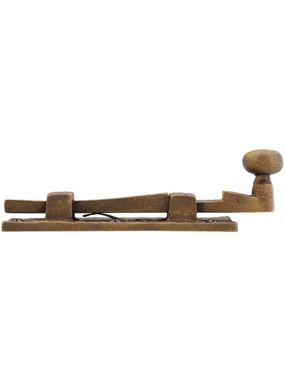 Alternate View of Cast Bronze Door Bolt With Curled Handle in Weathered Bronze.