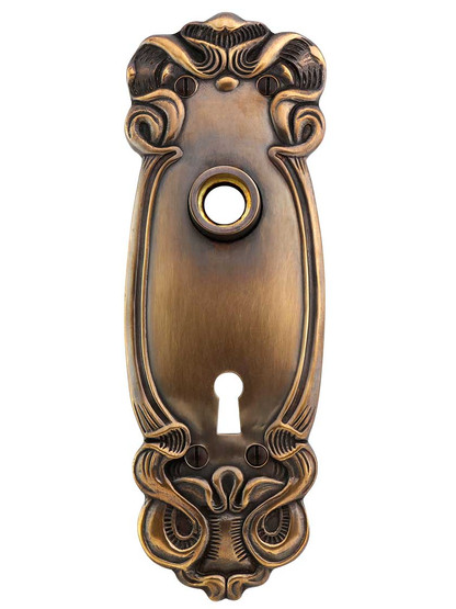 Solid-Brass Art Nouveau Door Plate with Keyhole in Antique-By-Hand