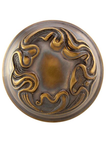 Alternate View of Pair of Solid-Brass Art Nouveau Door Knobs in Antique-By-Hand.