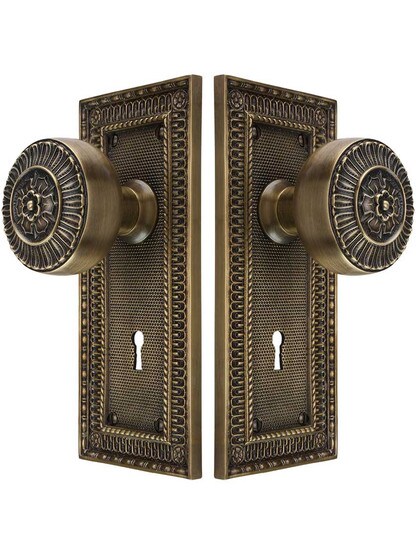 Alternate View of Pisano Design Mortise-Lock Set with Matching Knobs in Antique-By-Hand.