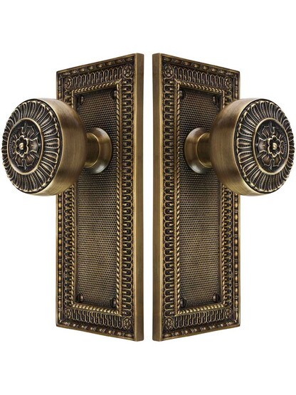 Alternate View of Pisano-Design Door Set with Matching Knobs in Antique-By-Hand.