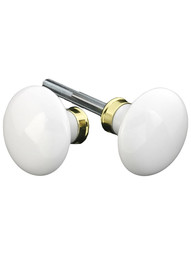 Pair of White Porcelain Door Knobs With Solid Brass Shank