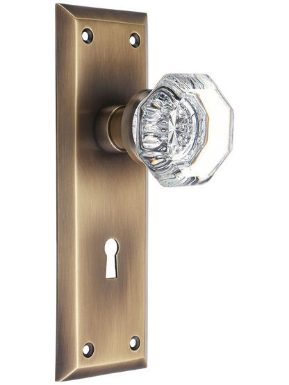New York Mortise-Lock Set with Waldorf Crystal Knobs in Antique-By-Hand.