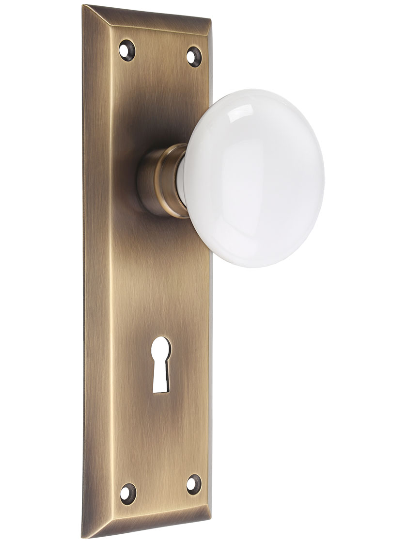 New York Mortise-Lock Set with White Porcelain Knobs in Antique-By-Hand