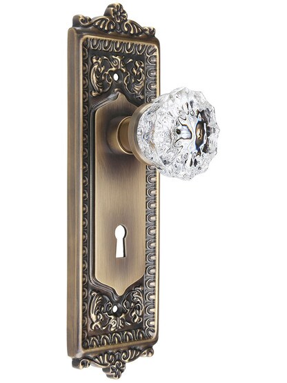 Egg and Dart Design Mortise-Lock Set with Fluted Crystal Knobs in Antique-By-Hand.