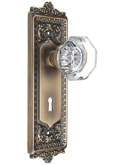 Egg and Dart Design Mortise-Lock Set with Waldorf Crystal Knobs in Antique-By-Hand.