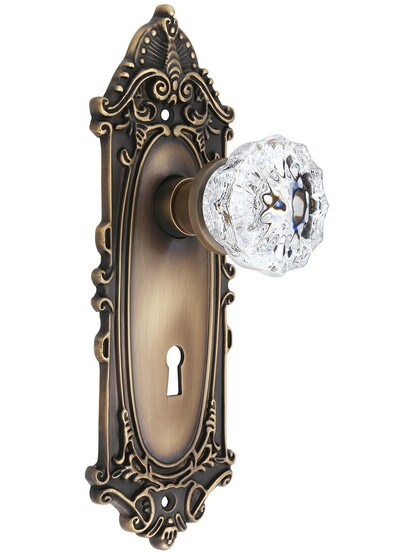 Largo Design Mortise-Lock Set with Fluted Crystal Knobs in Antique-By-Hand.
