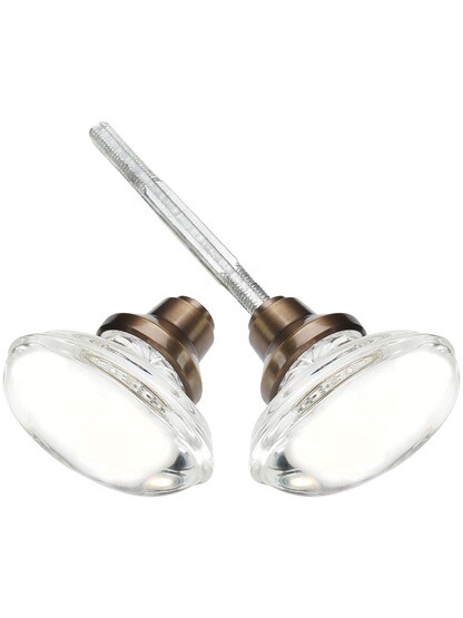 Oval Clear Crystal Door Knobs in Antique-By-Hand - 1 Pair.