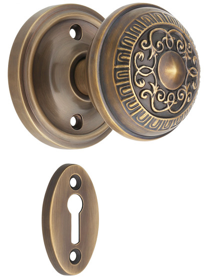 Classic Rosette Mortise-Lock Set with Egg & Dart Knobs in Antique-By-Hand