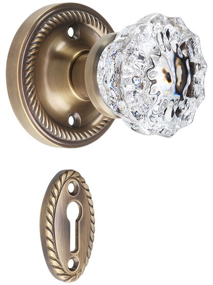 Rope Rosette Mortise-Lock Set with Fluted Crystal Knobs in Antique-By-Hand.