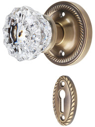 Rope Rosette Mortise-Lock Set with Fluted Crystal Knobs in Antique-By-Hand.