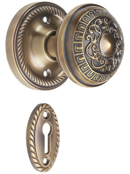 Rope Rosette Mortise-Lock Set with Egg and Dart Design Knobs in Antique-By-Hand.