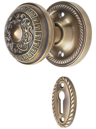 Rope Rosette Mortise-Lock Set with Egg & Dart Design Knobs in Antique-By-Hand