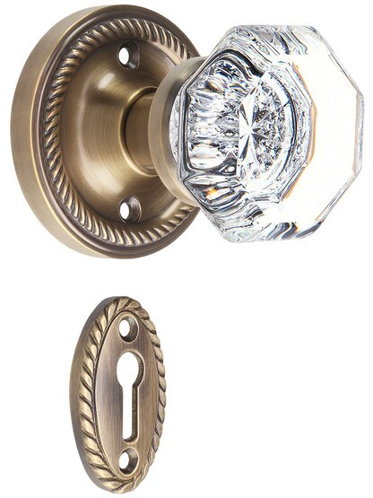 Rope Rosette Mortise-Lock Set with Waldorf Crystal Knobs in Antique-By-Hand.