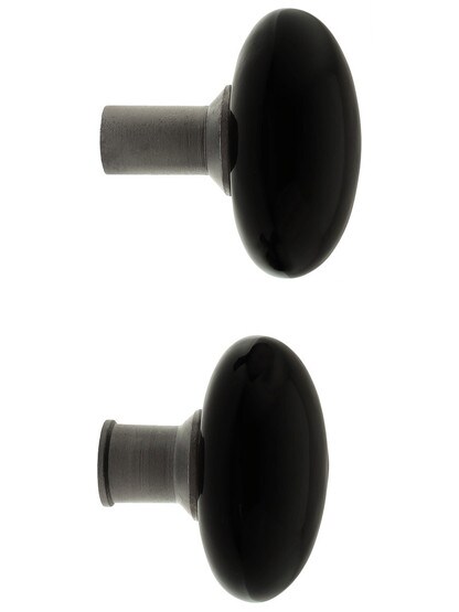 Alternate View 3 of Pair of Black Porcelain Rim Lock Knobs With Solid Iron Shanks In Antique Iron.
