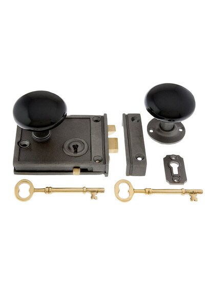 Alternate View 4 of Pair of Black Porcelain Rim Lock Knobs With Solid Iron Shanks In Antique Iron.