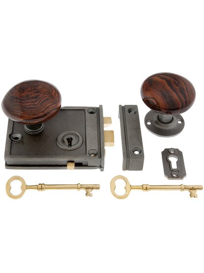 Alternate View 4 of Pair of Bennington Style Rim Lock Knobs With Solid Iron Shanks In Antique Iron.