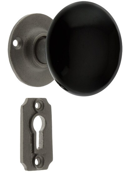Alternate View 4 of Pair of Black Porcelain Doorknobs with Iron Shanks in Antique Iron.