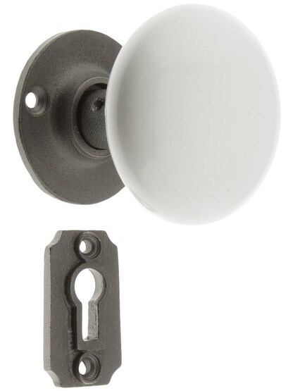 Alternate View 4 of Pair of White Porcelain Doorknobs with Iron Shanks in Antique Iron.