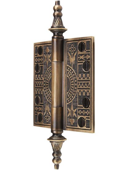 Alternate View of 3 1/2-Inch Solid Brass Eastlake Steeple Tip Hinge In Antique-By-Hand Finish.