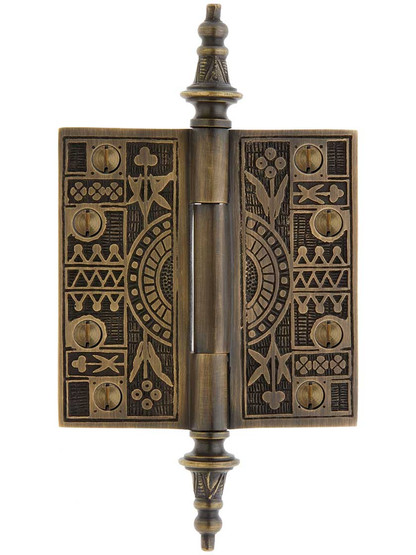 4-Inch Solid Brass Eastlake Steeple Tip Hinge In Antique-By-Hand Finish.