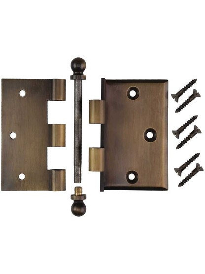 Alternate View 2 of 3 1/2 inch Brass Half-Mortise Door Hinge with Beveled Surface Leaf in Antique-by-Hand.