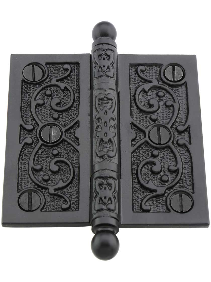 Alternate View 2 of 3 1/2 inch Cast Iron Ball Tip Hinge With Decorative Vine Pattern