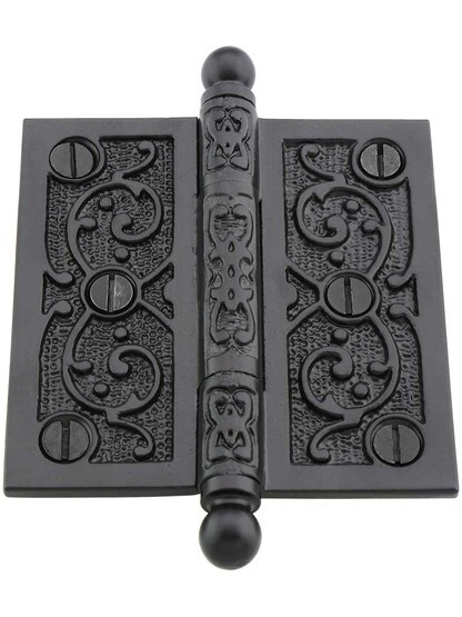 Alternate View 2 of 3 1/2 inch Cast Iron Ball Tip Hinge With Decorative Vine Pattern
