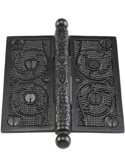 Alternate View 2 of 4 inch Cast Iron Ball Tip Hinge With Decorative Vine Pattern