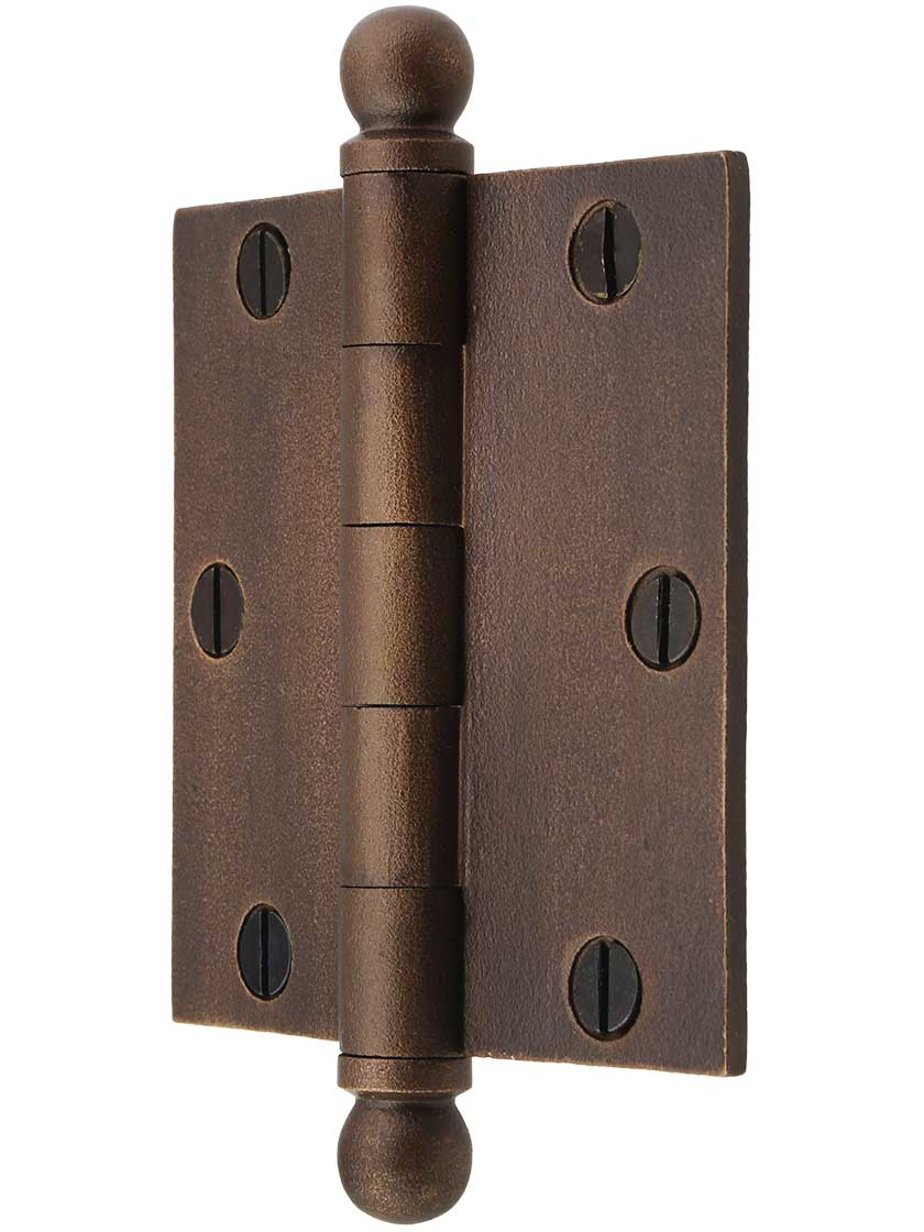 Alternate View of 3 1/2-Inch Distressed Solid-Bronze Door Hinge with Ball Finials.