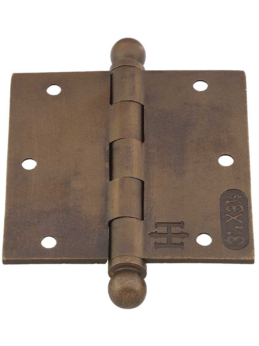 Alternate View 3 of 3 1/2-Inch Distressed Solid-Bronze Door Hinge with Ball Finials.