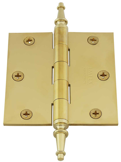 Alternate View 2 of 3 1/2 inch Solid-Brass Butt Door Hinge with Decorative Steeple Tips.