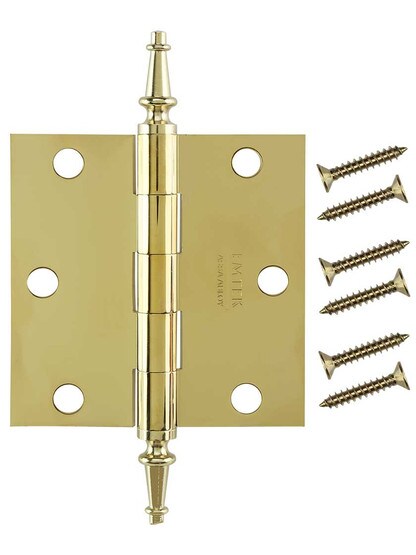 Alternate View 4 of 3 1/2 inch Solid-Brass Butt Door Hinge with Decorative Steeple Tips.