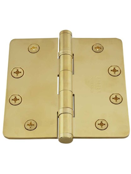Alternate View 2 of 4 1/2 inch Solid Brass Ball-Bearing Door Hinge with Button Tips and 1/4 inch Radius Corners.